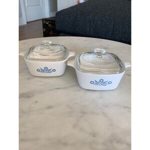 Vintage Pyrex 2 3/4 Cup White with Blue Floral Details Corning Ware Set of 2